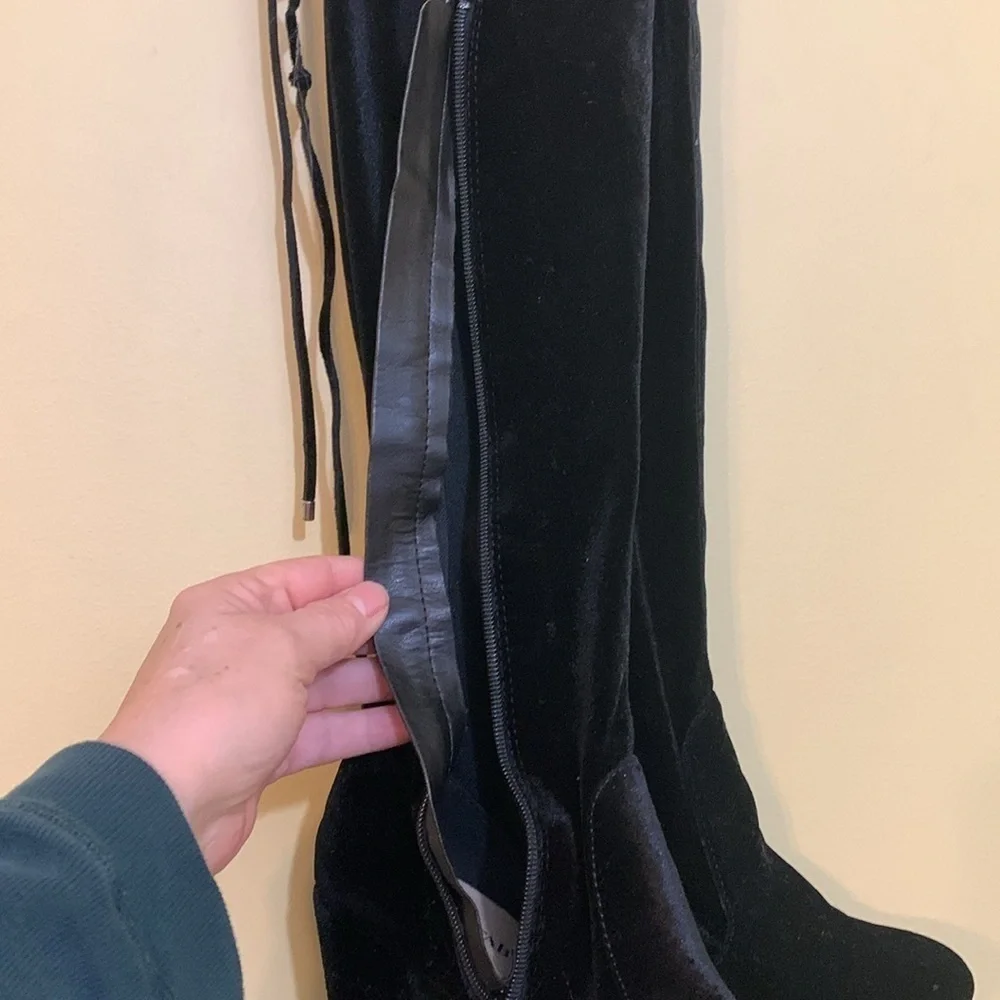 JustFab Thigh High Black Leona Lace Up Zipper Velvet Heeled Boots 5.5 US / 36 EU